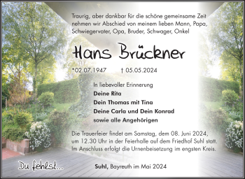 Traueranzeige von Hans Brückner von Südthüringer Presse