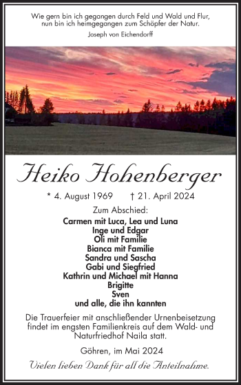 Traueranzeige von Heiko Hohenberger von Frankenpost