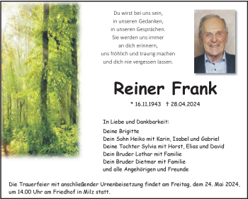 Traueranzeige von Reiner Frank von Südthüringer Presse