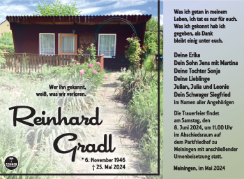 Traueranzeige von Reinhard Gradl von Südthüringer Presse