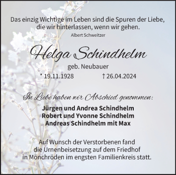 Traueranzeige von Helga Schindhelm von Neue Presse Coburg