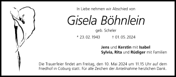 Traueranzeige von Gisela Böhnlein von Neue Presse Coburg