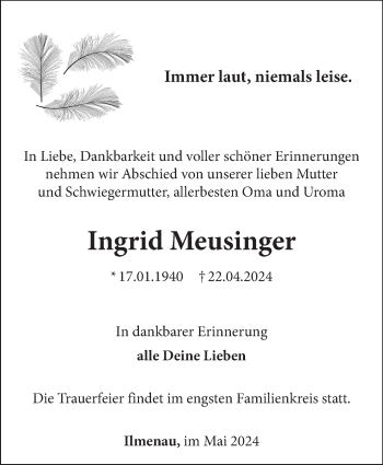 Traueranzeige von Ingrid Meusinger von Südthüringer Presse