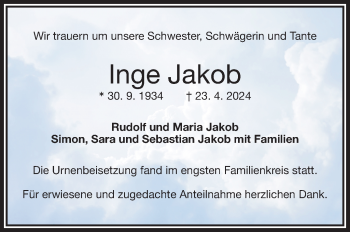 Traueranzeige von Inge Jakob von Frankenpost