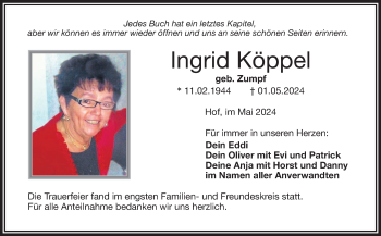 Traueranzeige von Ingrid Köppel von Frankenpost