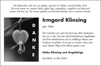 Traueranzeige von Irmgard Klinzing von Südthüringer Presse
