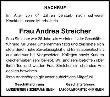 Traueranzeige von Andrea Streicher von Neue Presse Coburg
