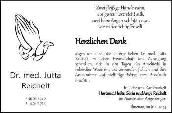 Traueranzeige von Dr. med. Jutta Reichelt von Südthüringer Presse