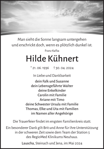 Traueranzeige von Hilde Kühnert von Südthüringer Presse