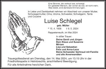 Traueranzeige von Luise Schlegel von Frankenpost