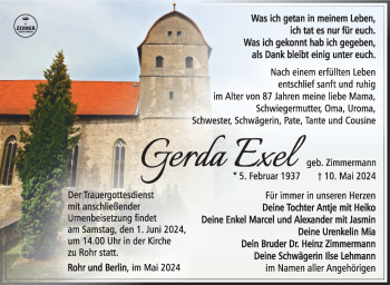 Traueranzeige von Gerda Exel von Südthüringer Presse