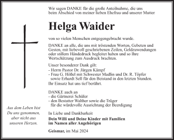 Traueranzeige von Helga Waider von Südthüringer Presse