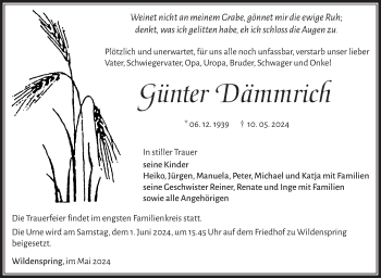 Traueranzeige von Günter Dämmrich von Südthüringer Presse