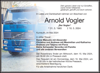 Traueranzeige von Arnold Vogler von Frankenpost