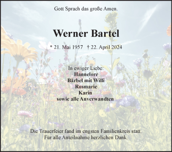 Traueranzeige von Werner Bartel von Frankenpost