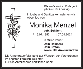 Traueranzeige von Monika Menzel von Frankenpost