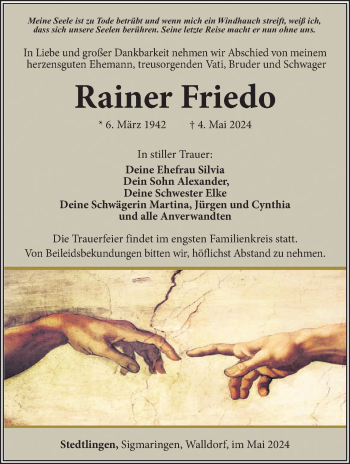 Traueranzeige von Rainer Friedo von Südthüringer Presse