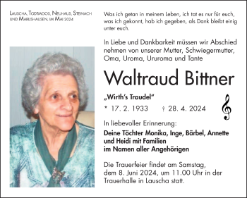 Traueranzeige von Waltraud Bittner von Südthüringer Presse