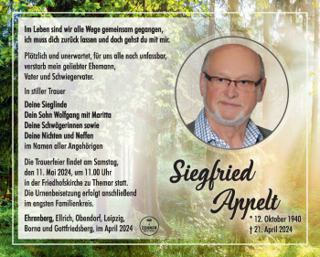 Traueranzeige von Siegfried Appelt von Südthüringer Presse