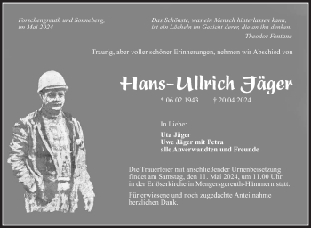 Traueranzeige von Hans-Ullrich Jäger von Südthüringer Presse