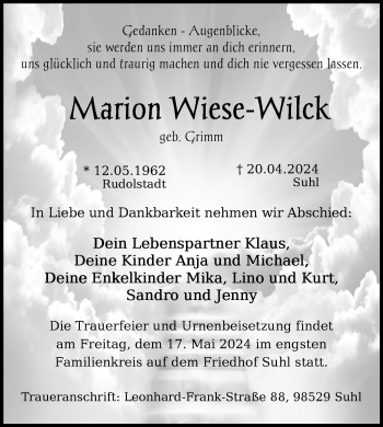 Traueranzeige von Marion Wiese-Wilck von Südthüringer Presse