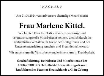 Traueranzeige von Marlene Kittel von Neue Presse Coburg