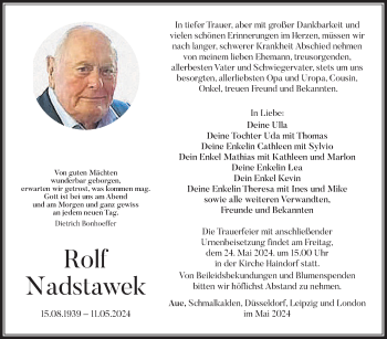 Traueranzeige von Rolf Nadstawek von Südthüringer Presse