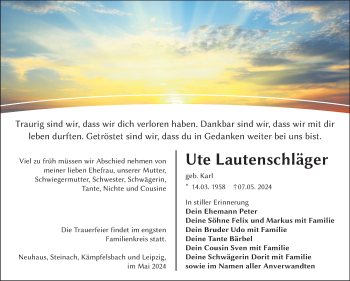Traueranzeige von Ute Lautenschläger von Südthüringer Presse