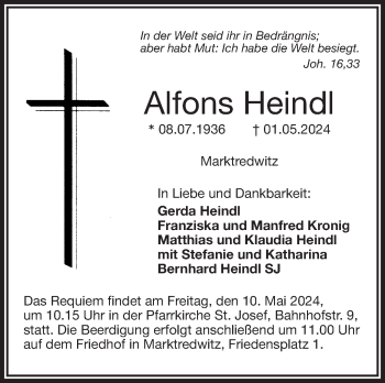 Traueranzeige von Alfons Heindl von Frankenpost