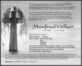 Traueranzeige von Manfred Völker von Südthüringer Presse