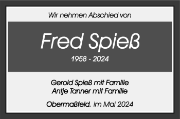 Traueranzeige von Fred Spieß von Südthüringer Presse