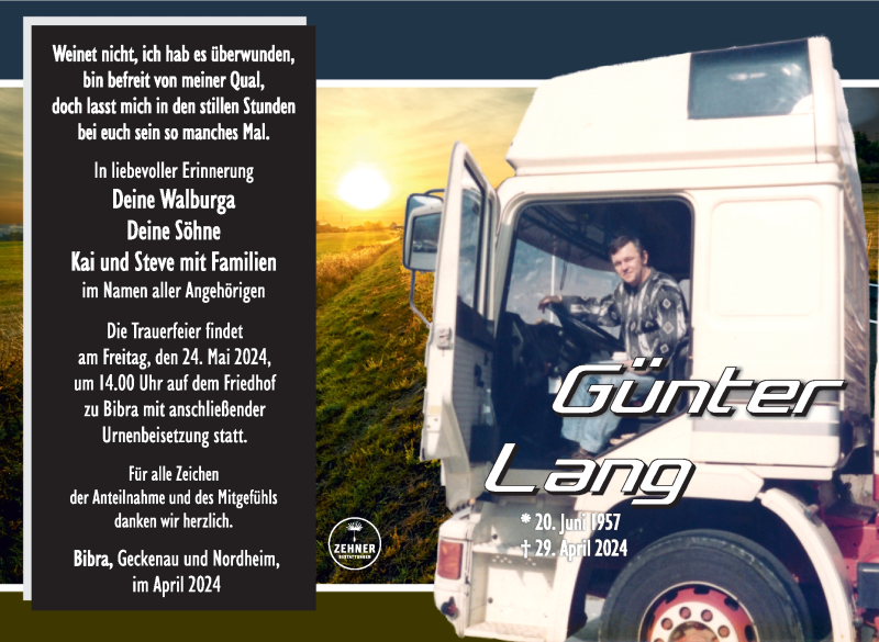  Traueranzeige für Günter Lang vom 11.05.2024 aus Südthüringer Presse