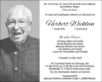 Traueranzeige von Herbert Wicklein von Neue Presse Coburg