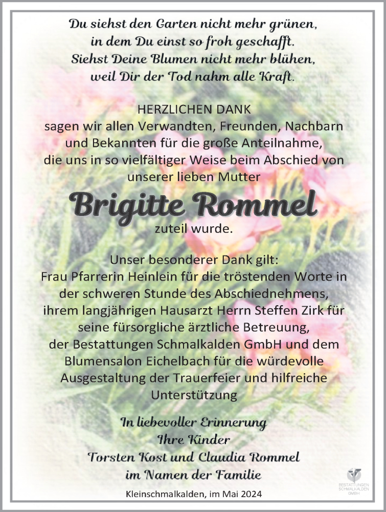  Traueranzeige für Brigitte Rommel vom 18.05.2024 aus Südthüringer Presse