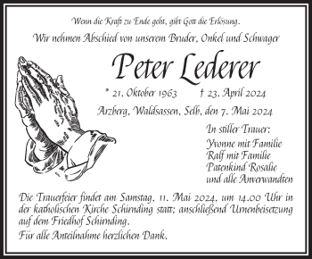 Traueranzeige von Peter Lederer von Frankenpost