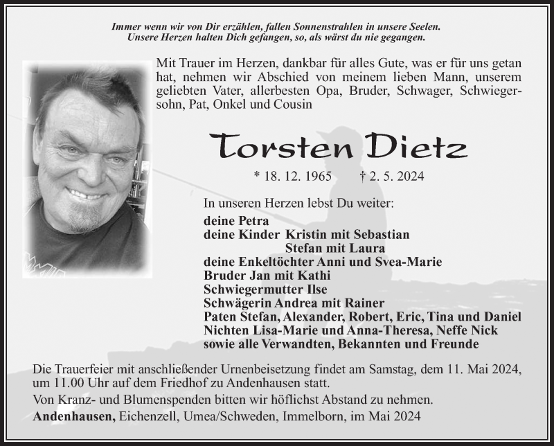  Traueranzeige für Torsten Dietz vom 07.05.2024 aus Südthüringer Presse