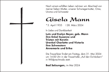 Traueranzeige von Gisela Mann von Südthüringer Presse