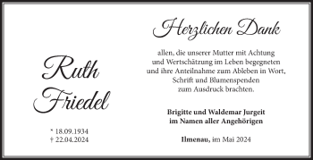 Traueranzeige von Ruth Friedel von Südthüringer Presse