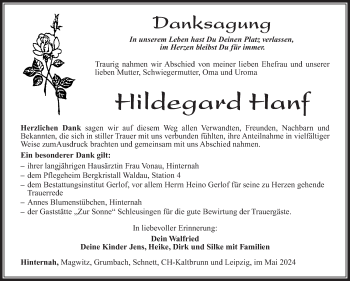 Traueranzeige von Hildegard Hanf von Südthüringer Presse