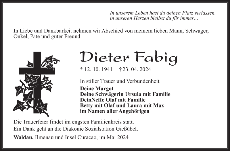  Traueranzeige für Dieter Fabig vom 04.05.2024 aus Südthüringer Presse