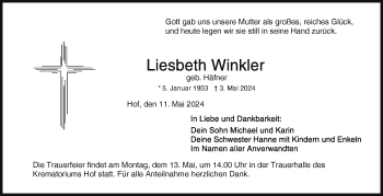 Traueranzeige von Liesbeth Winkler von Frankenpost