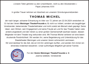 Traueranzeige von Thomas Michel von Südthüringer Presse