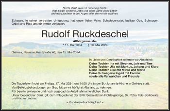 Traueranzeige von Rudolf Ruckdeschel von Frankenpost