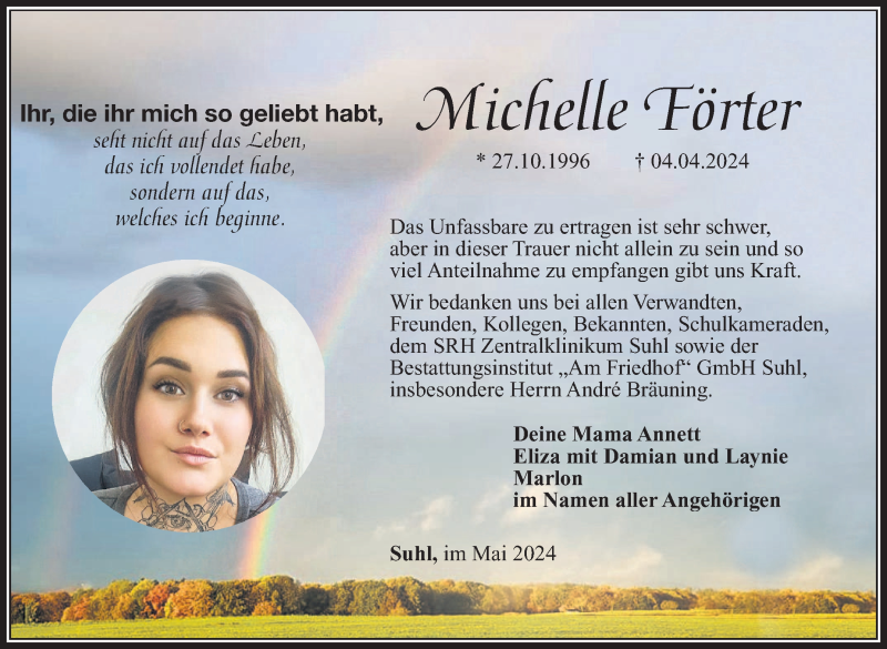 Traueranzeige für Michelle Förter vom 04.05.2024 aus Südthüringer Presse