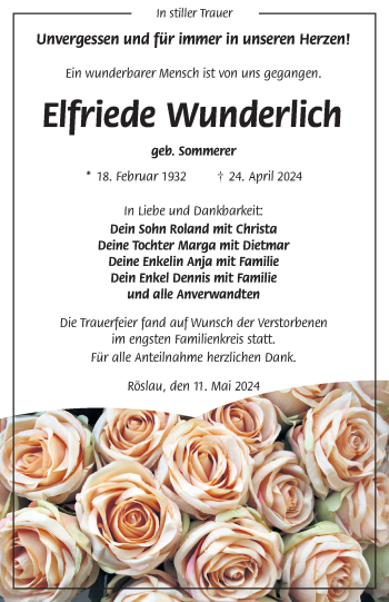 Traueranzeige von Elfriede Wunderlich von Frankenpost