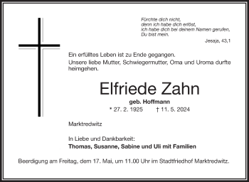 Traueranzeige von Elfriede Zahn von Frankenpost