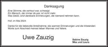 Traueranzeige von Uwe Zauzig von Frankenpost