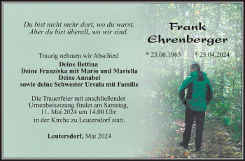 Traueranzeige von Frank Ehrenberger von Südthüringer Presse