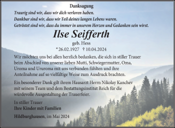 Traueranzeige von Ilse Seifferth von Südthüringer Presse