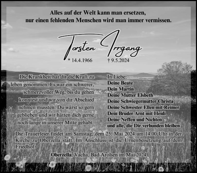  Traueranzeige für Torsten Irrgang vom 21.05.2024 aus Südthüringer Presse